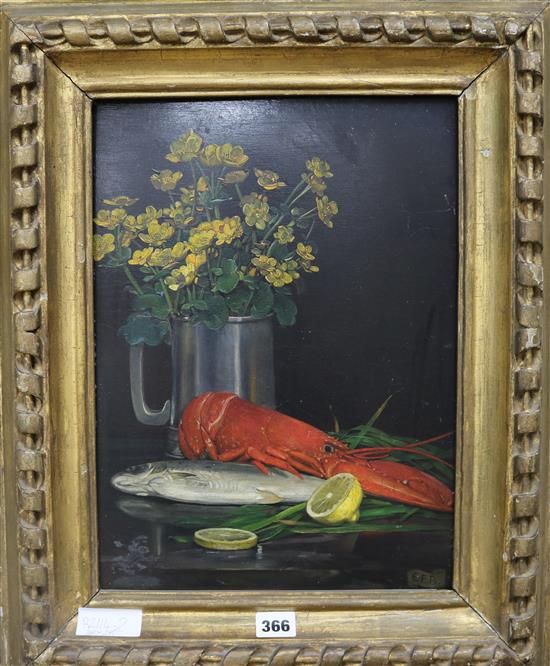 E.F.B, oil on wooden panel, still life of a lobster and buttercups, 38 x 28cm